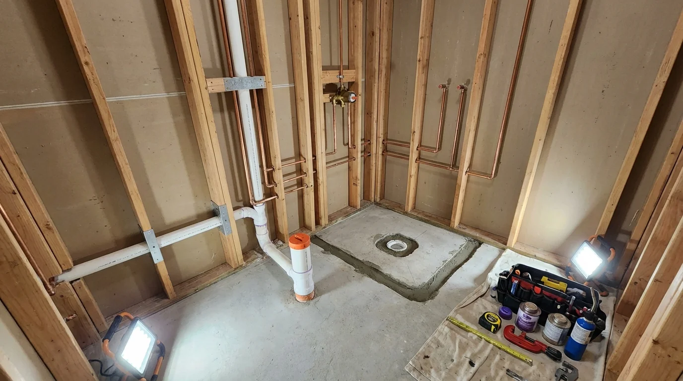 Bathroom rough-in plumbing during remodel by Johns Plumbing LLC in Waverly