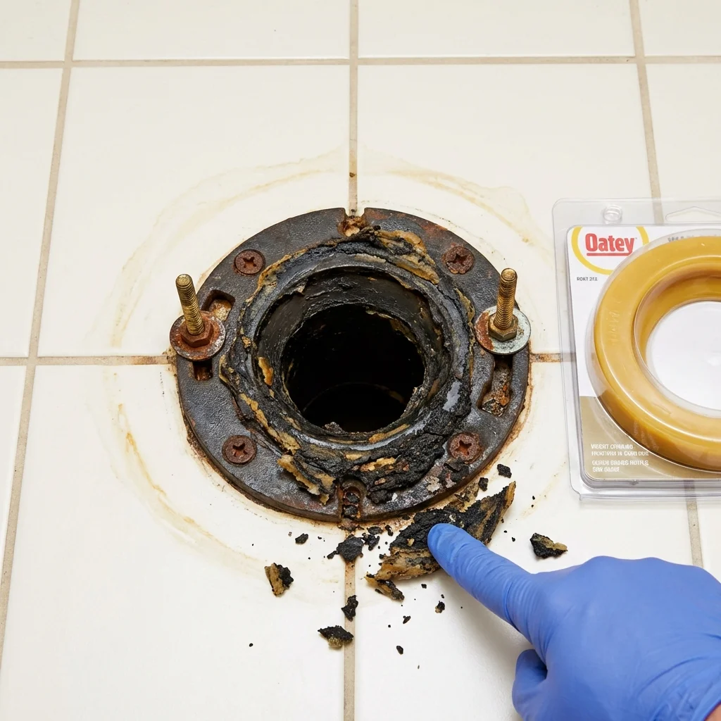 Failed wax ring showing water seepage at the base of a toilet in a Waverly, OH home